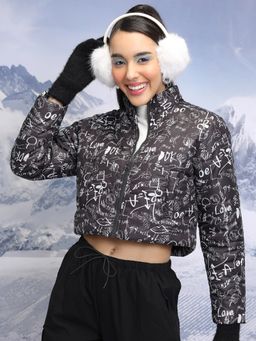 TOKYO TALKIES - Women Black Typography Printed Crop Puffer Jacket