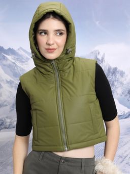TOKYO TALKIES - Women Olive Green Hooded Cropped Padded Jacket