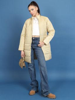 TOKYO TALKIES - Women Beige Mock Collar Longline Puffer Jacket