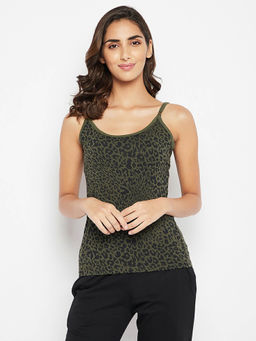 Clovia - Animal Print Camisole In Olive Green - Cotton