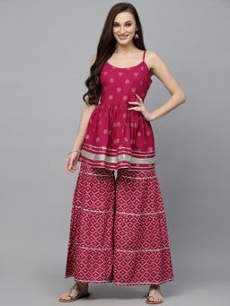 Stylum - Women's Gold Printed Rayon Short Kurti And Sharara (Set of 2)