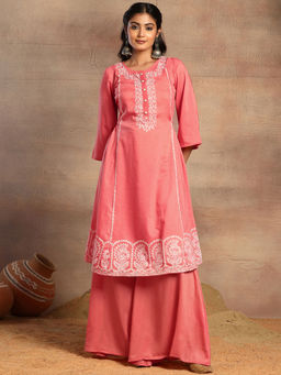 Indya - Peach Floral Print Muslin Kurta & Sharara (Set of 2)