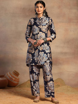 Indya - Navy Blue Floral Print Kurta with Pants (Set of 2)