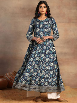 Indya - Blue Floral Print Dori Tie Up Rayon Anarkali Kurta