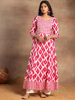 Indya - Red Ikat Print Rayon Anarkali Kurta