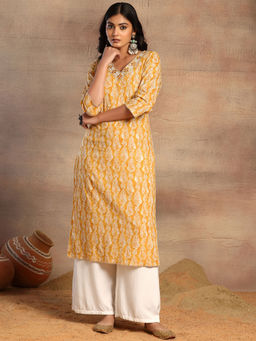 Indya - Mustard Yellow V-Neck Paisley Print Cotton Kurta