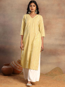 Indya - Light Yellow Thread Embroidered Straight Kurta