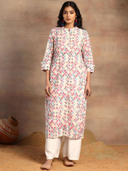 Indya - Off White Geometric Print Straight Kurta