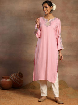 Indya - Pink Mirror & Thread Embroidered Rayon Kurta