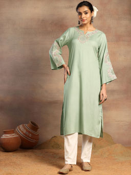 Indya - Sage Green Mirror & Thread Embroidered Rayon Kurta