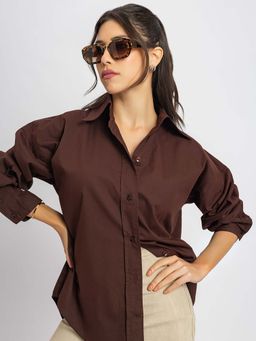Lounge Dreams - Pure Cotton Poplin Coffee Brown Oversized Shirt