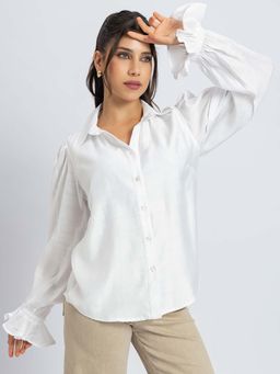 Lounge Dreams - Women's Ruffled Cuff White Shirt
