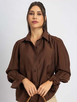 Lounge Dreams - Women's Ruffled Cuff Brown Shirt