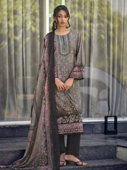 Stylee LIFESTYLE - Grey Lawn Cotton Digital Printed Unstitched Fabric with Dupatta