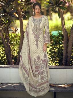 Stylee LIFESTYLE - Cream Lawn Cotton Digital Printed Unstitched Fabric with Dupatta