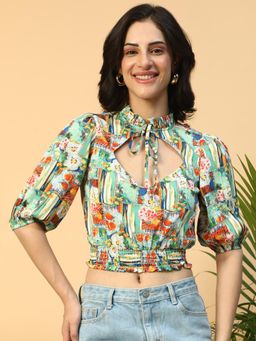 Oxolloxo - Womens Multi-Color Printed Ruffled Neck Smocking Detail Crop Top