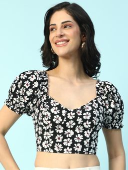 Oxolloxo - Womens Whirl Black Floral Print Smocking Detail Crop Top