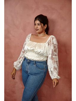 Sonsie - Flocked Organza Full Sleeves Camellia Satin Plus Size Top