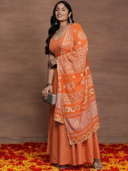 A plus by Ahalyaa - Orange Plus Size Striped Skirt with Blouse and Dupatta (Set of 3)
