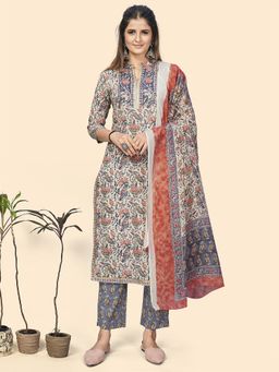 Vbuyz - Womens Print Straight Cotton Light Blue Stitched Kurta Pant With Dupatta (Set of 3)