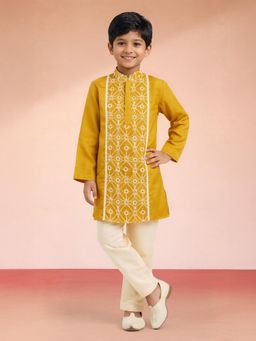 Vastramay - Mustard Satin Printed Kurta With Pyjama For Boys