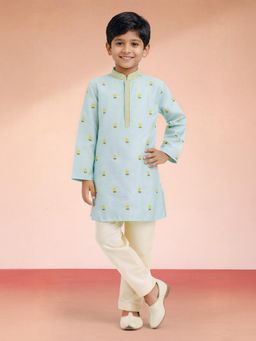 Vastramay - Blue Satin Embroidered Kurta With Pyjama For Boys