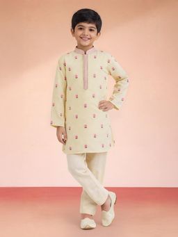Vastramay - Yellow Satin Embroidered Kurta With Pyjama For Boys