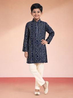 Vastramay - Navy Blue Rayon Foil Bandhani Kurta with Pyjama