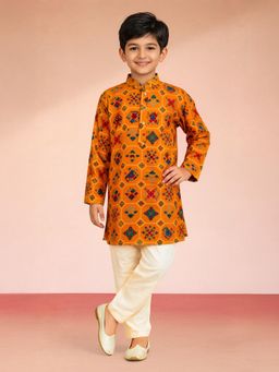 Vastramay - Mustard Rayon Foil Print Kurta with Pyjama
