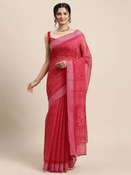 Odette - Womens Cotton Blend Pink Printed Saree with Unstitched Blouse