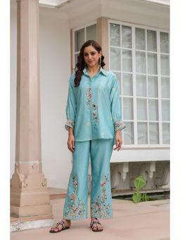 Label Niti Bothra - Blue Gulzar Collar Neck Embroidered Co-Ord (Set of 2)