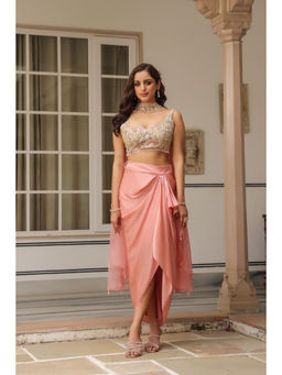 Label Niti Bothra - Pink Gulzar Chocker Neck Embroidered Blouse with Skirt and Dupatta (Set of 3)