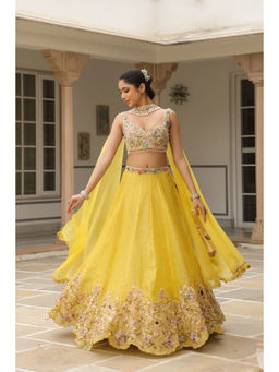 Label Niti Bothra - Yellow Gulzar Embroidered Blouse with Lehenga and Dupatta (Set of 3)