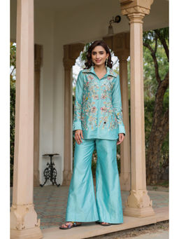 Label Niti Bothra - Blue Gulzar Jaal Collar Neck Embroidered Co-Ord (Set of 2)