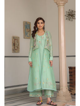 Label Niti Bothra - Green Gulzar Embroidered Kurta with Pant and Jacket (Set of 3)