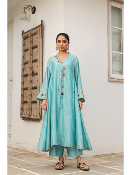 Label Niti Bothra - Blue Gulzar Kalidar Embroidered Kurta with Slip and Pant (Set of 3)