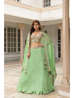 Label Niti Bothra - Green Gulzar Embroidered Blouse with Lehenga and Dupatta (Set of 3)