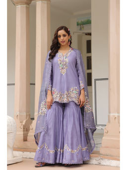 Label Niti Bothra - Lavender Gulzar Embroidered Kurta with Sharara and Dupatta (Set of 3)