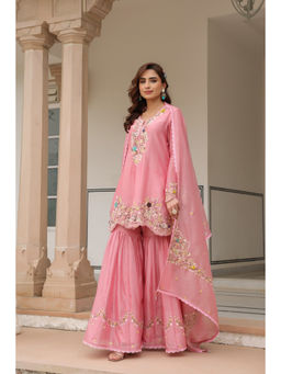 Label Niti Bothra - Pink Gulzar Embroidered Kurta with Sharara and Dupatta (Set of 3)