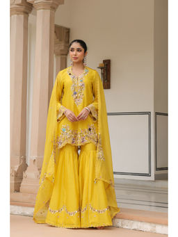 Label Niti Bothra - Yellow Gulzar Embroidered Kurta with Sharara and Dupatta (Set of 3)