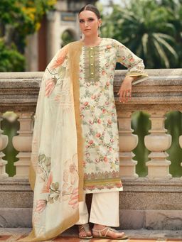 Stylee LIFESTYLE - Beige Lawn Cotton Embroidered Unstitched Dress Material with Dupatta