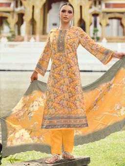 Stylee LIFESTYLE - Mustard Lawn Cotton Embroidered Unstitched Dress Material with Dupatta