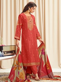 Stylee LIFESTYLE - Orange Dola Silk Jacquard Digital Printed Unstitched Dress Material with Dupatta