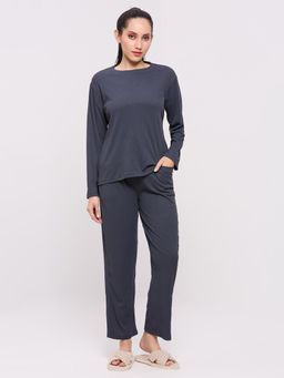 Smarty Pants - Womens Polyester Stripper Dark Grey Color Full Sleeves Nightsuit