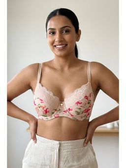 Zivame - Padded Wired 3/4Th Coverage Lace Bra - Light Pink Base With Flower