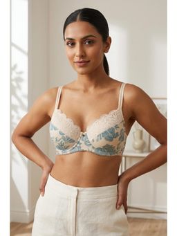 Zivame - Padded Wired 3/4Th Coverage Lace Bra - White Base With Blue Flower