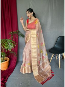 EXCLUSIVA - Peach Organza Pichwai Print Saree with Unstitched