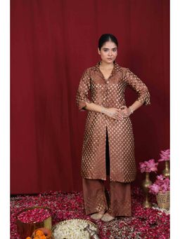 Rivaz Threads and Co - Shakti Brocade Collar Silk Palazzos In Brown Co-Ord Set