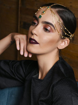 Odette - Gold Plated White Beads, Green Rhinestone Maang Tikka