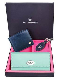 WILDHORN - Premium Leather Ladies Wallet, Mens Wallet and Keychain Gift -1K_PGN_2052BLC_K (Set of 3)